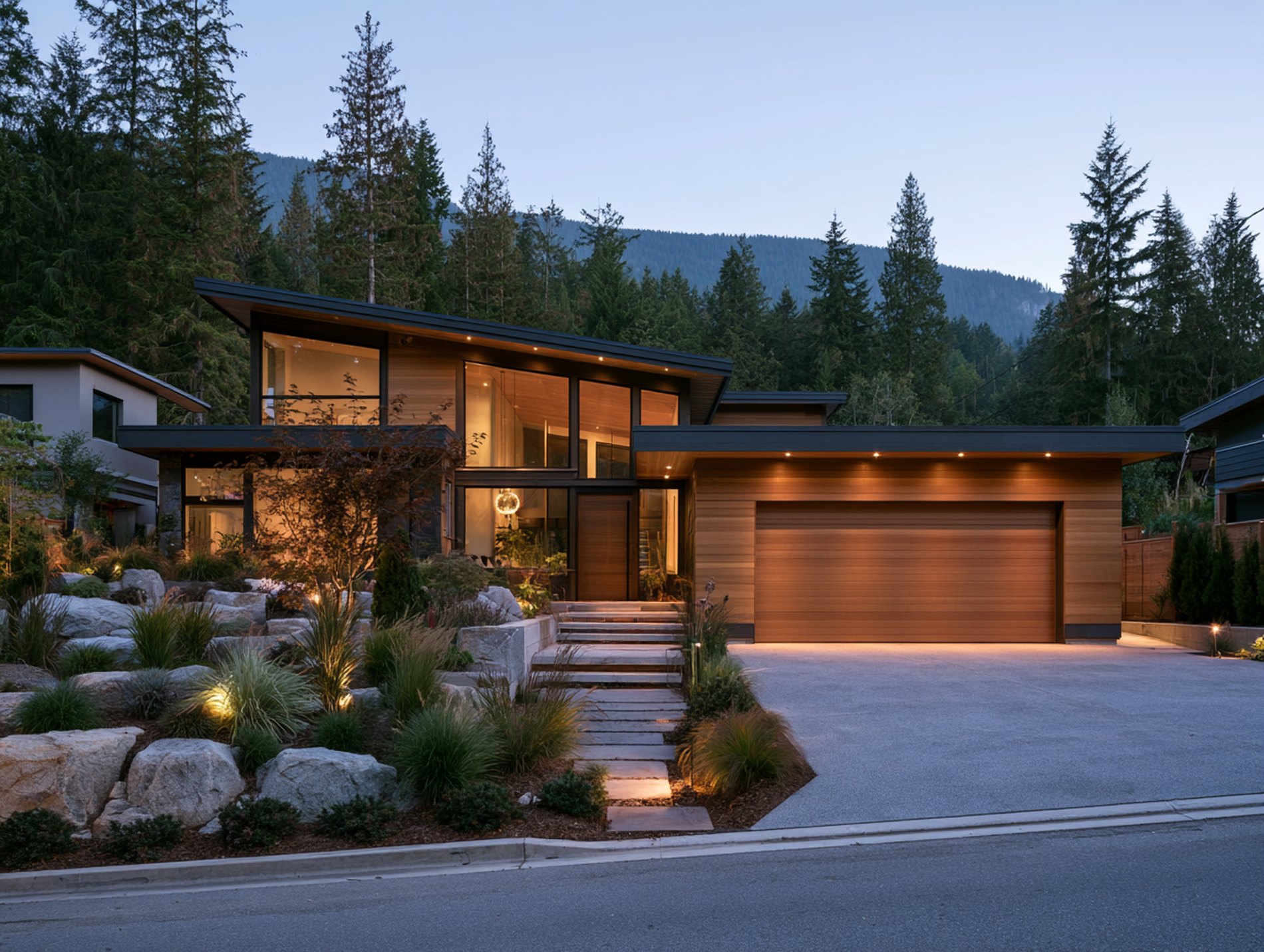 West coast modern home at blue hour with warm lit interiors, cedar detailing and a forested mountain behind